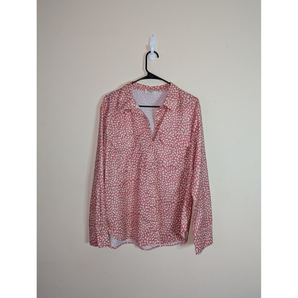 Umgee Pink White Dalmatian Animal Print Button Down Blouse K6864 Womens M